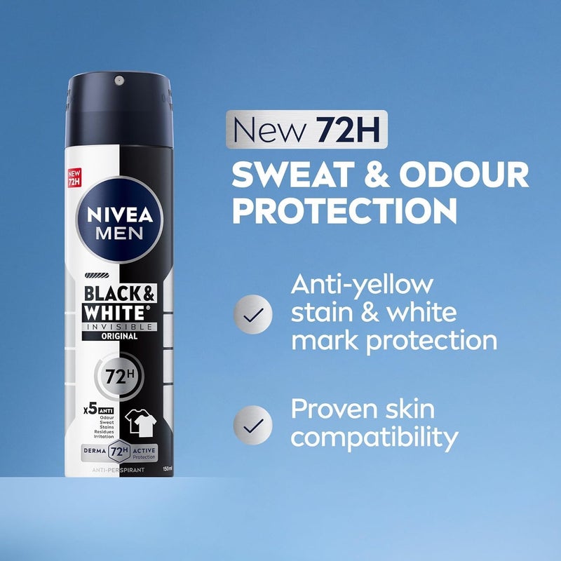 NIVEA MEN Antiperspirant Spray, Black & White Invisible Protection Original, 3x150ml - Image 2